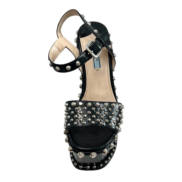 PRADA BLACK SPAZZOLATO STUDDED PLATFORM SANDAL - Picture 9 of 16